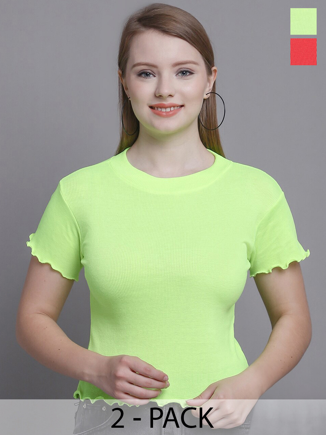 

Jinfo Pack of 2 Round Neck Knitted Fitted Tops, Red
