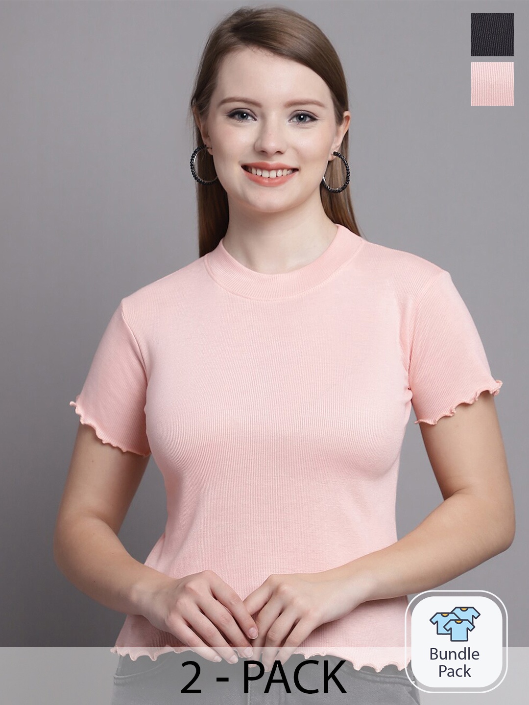 

Jinfo Pack Of 2 Round Neck Regular Top, Black