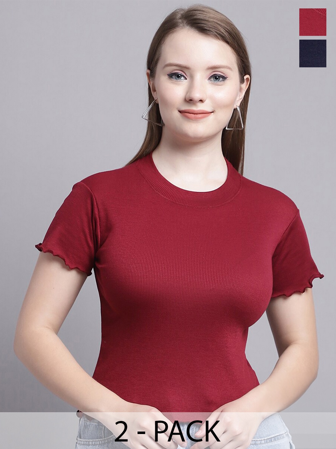 

Jinfo Pack of 2 Round Neck Knitted Fitted Tops, Maroon