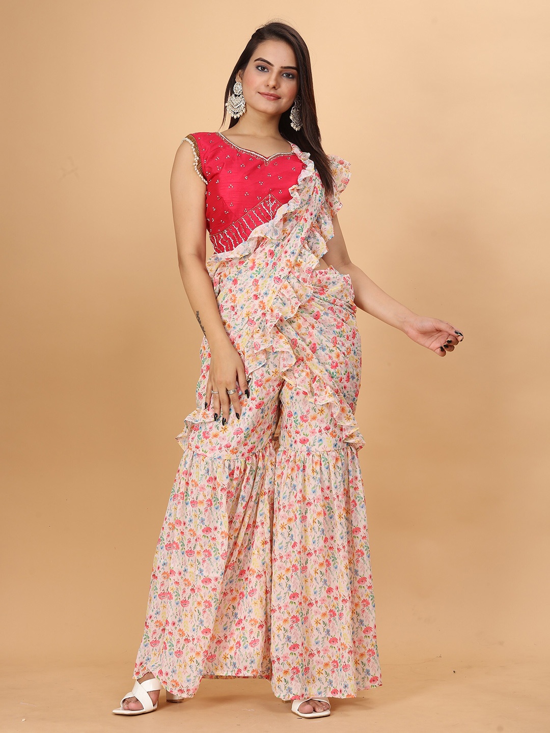 

Riddhi Textile Hub Floral Printed Pure Georgette Palazzo Saree, Peach