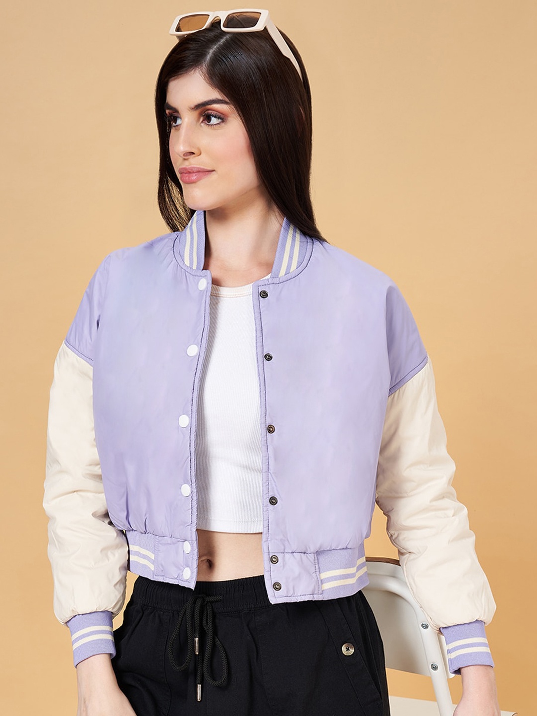 

YU by Pantaloons Colorblocked Crop Bomber Jacket, Purple