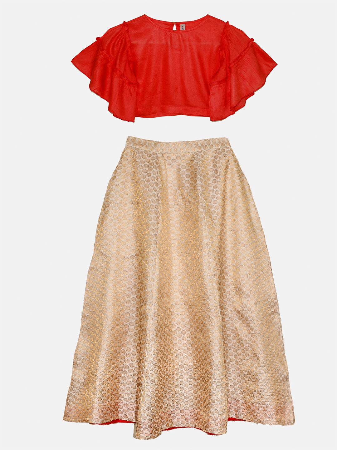 

KiddoPanti Girls Round Neck Flared Sleeve Ready to Wear Lehenga Set, Red