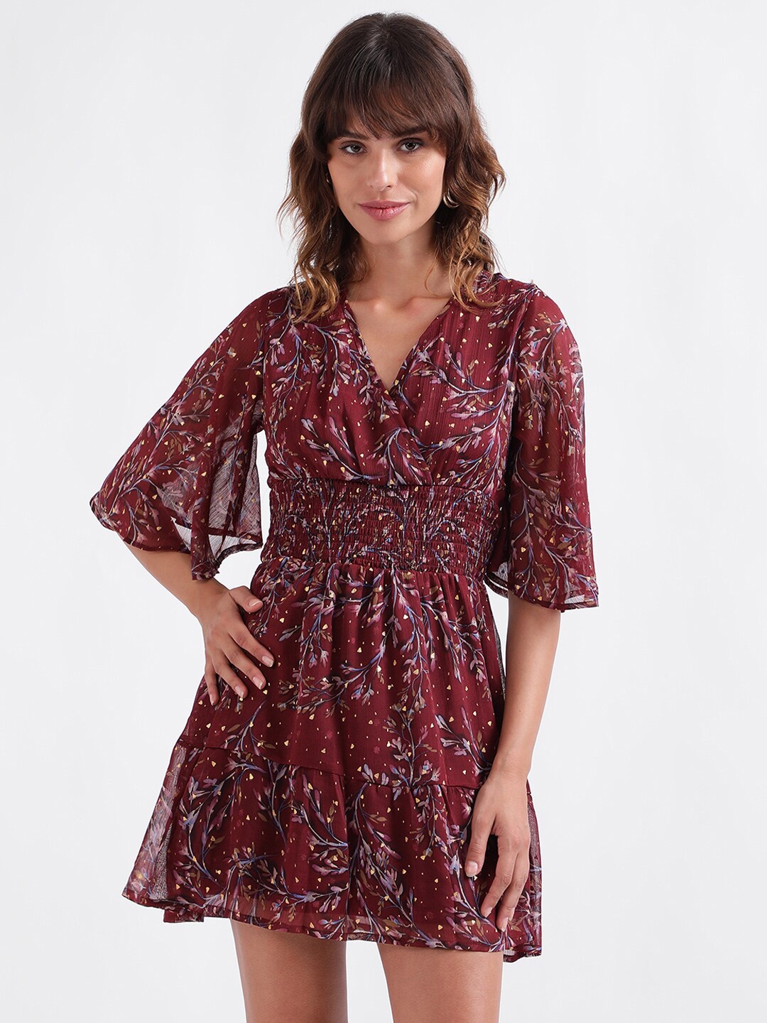 

ELLE Floral Printed Flared Sleeve Smocked Fit & Flare Mini Dress, Burgundy