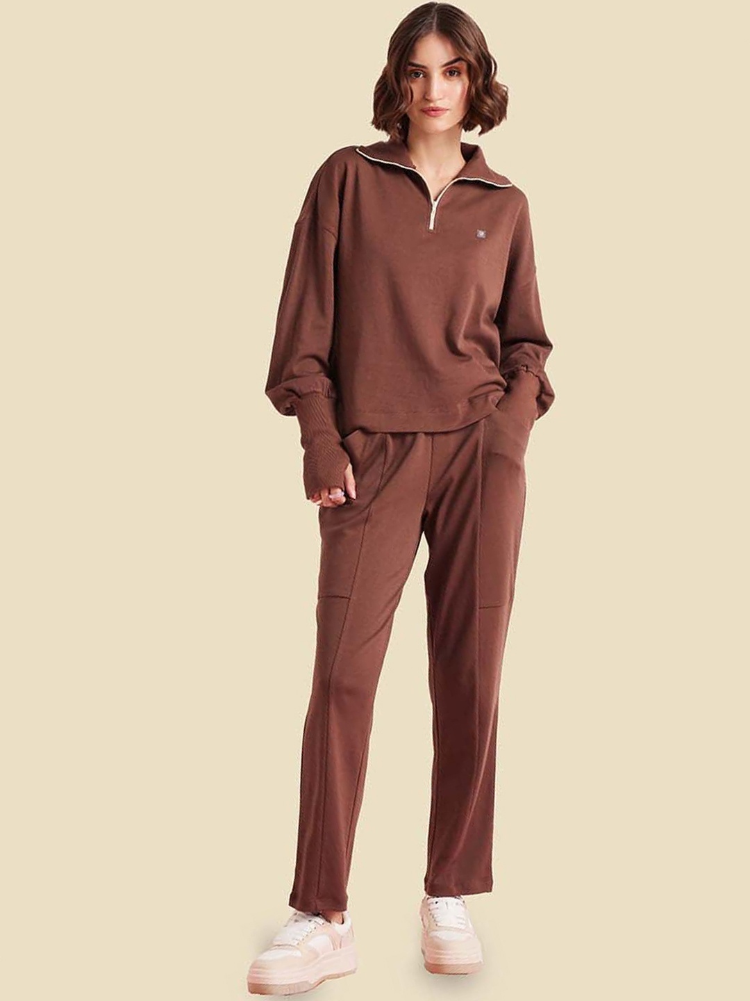 

Muvazo Sweatshirt With Trousers Zipper Bliss Co-Ord Set, Coffee brown