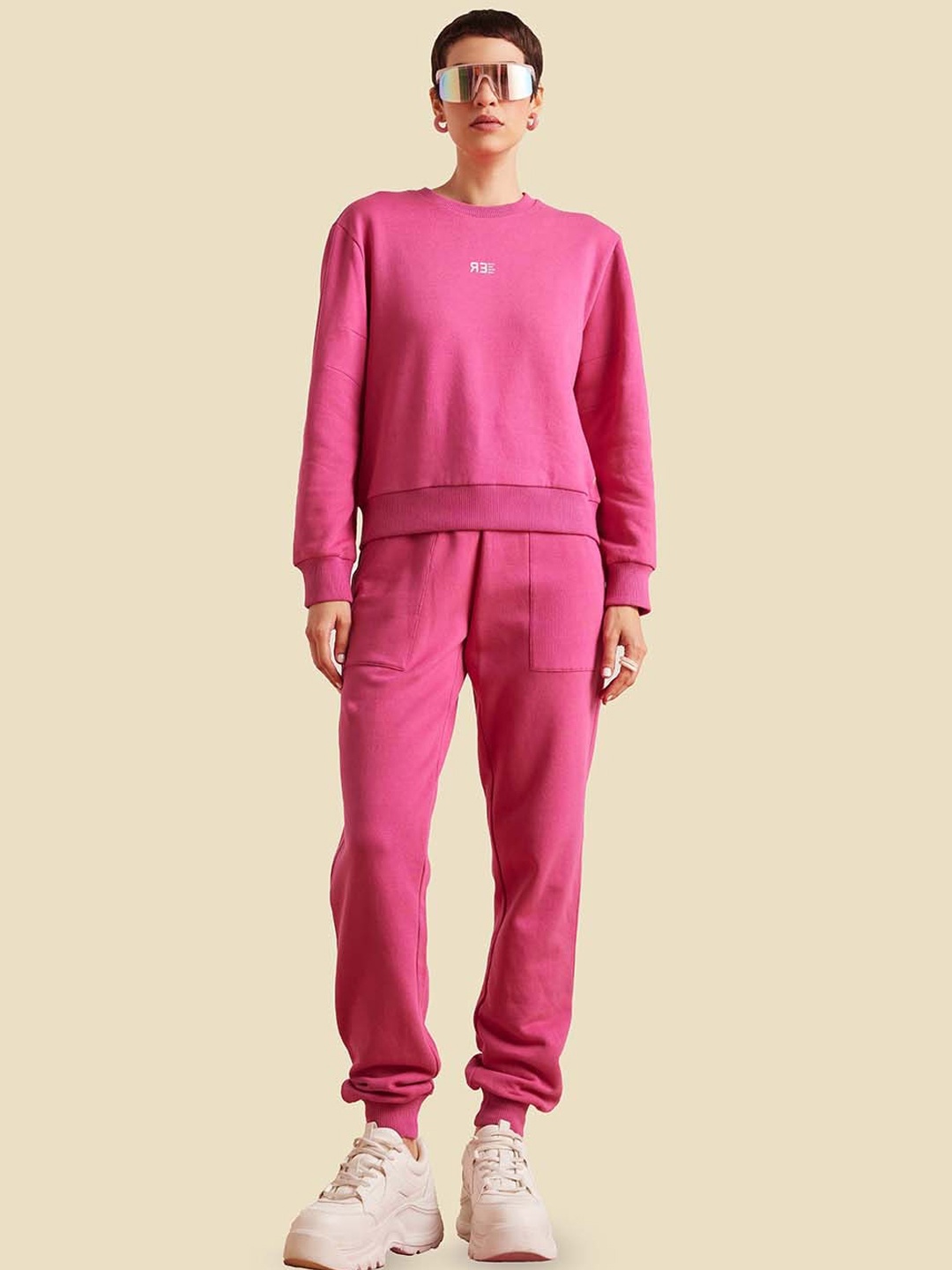 

Muvazo Round Neck Ribbed Waist Hem Sweatshirt With Joggers Co-Ords, Pink