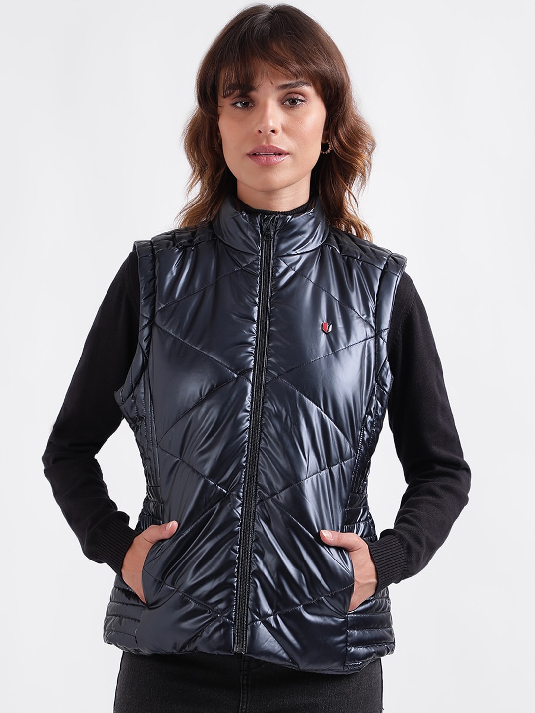 

Iconic Stand Collar Sleeveless Quilted Jacket, Navy blue