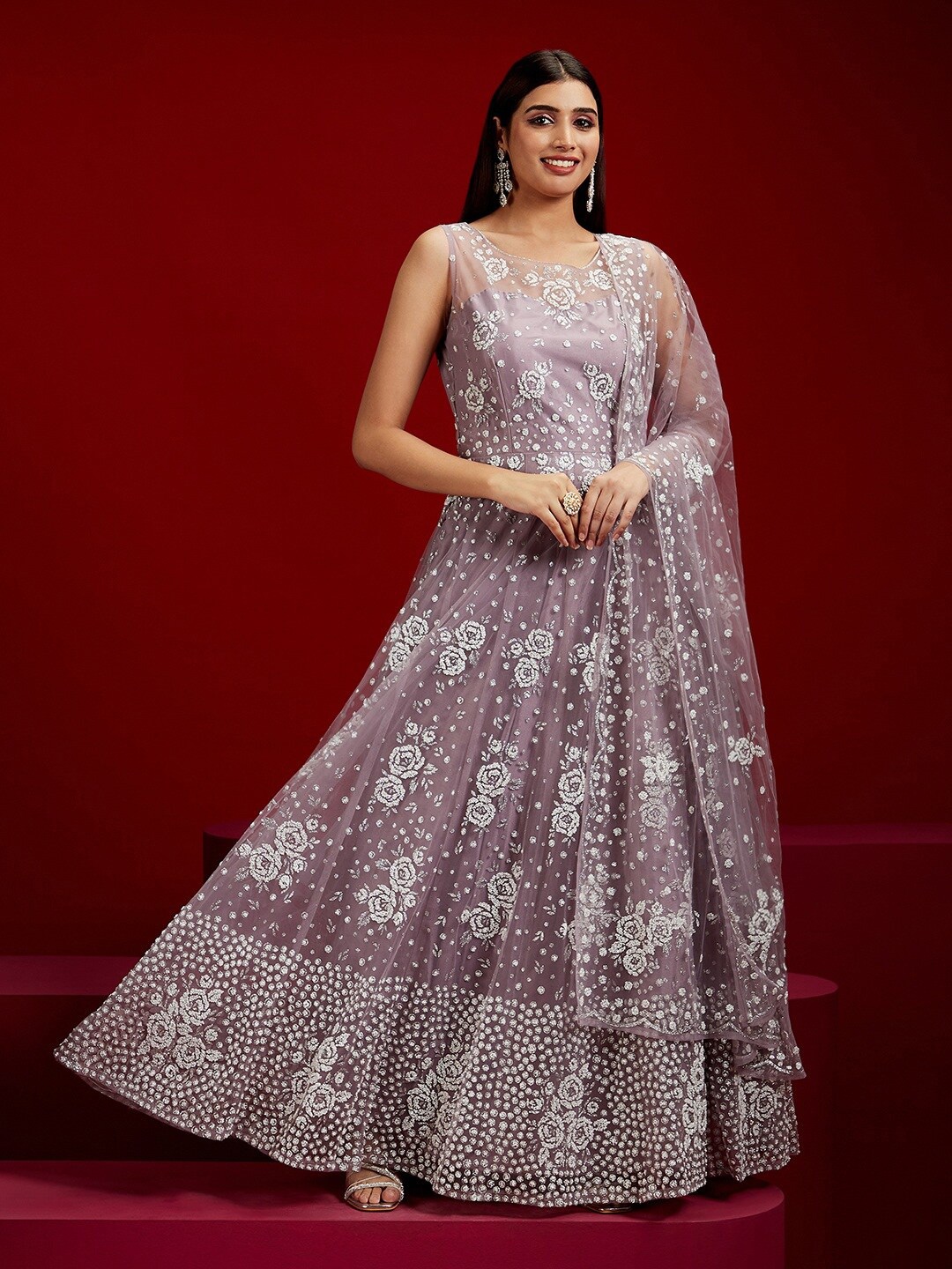 

Libas Art Embellished Gathered Maxi Ethnic Dress With Dupatta, Mauve