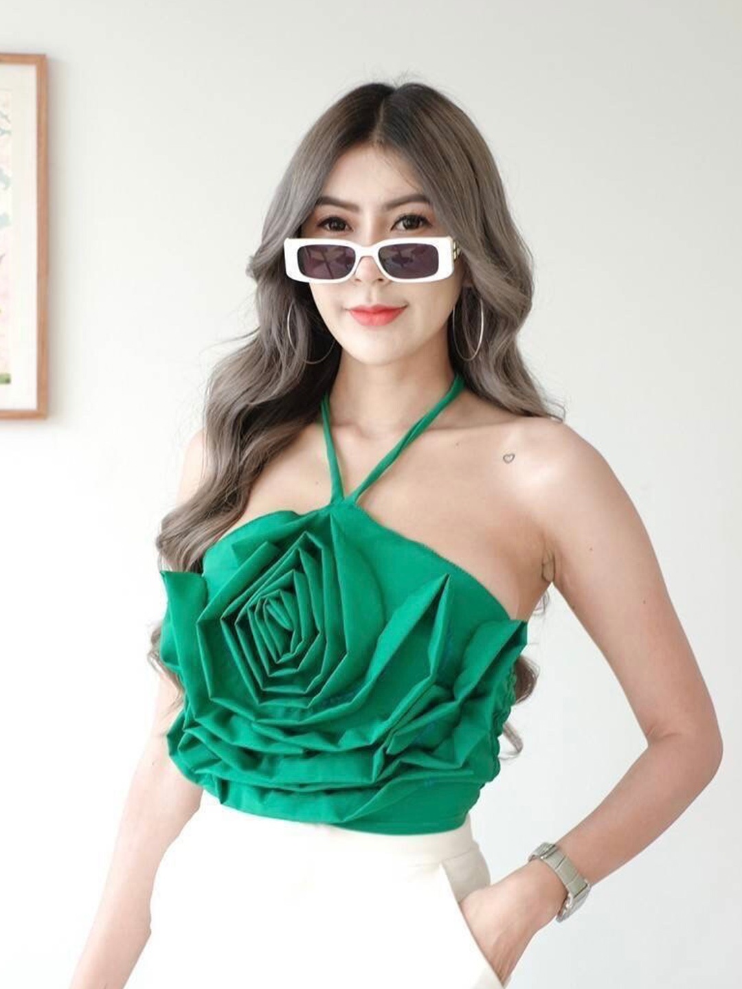 

StyleAsh Halter Neck Sleeveless Smocked Ruffled Rose Patterned Crop Top, Green