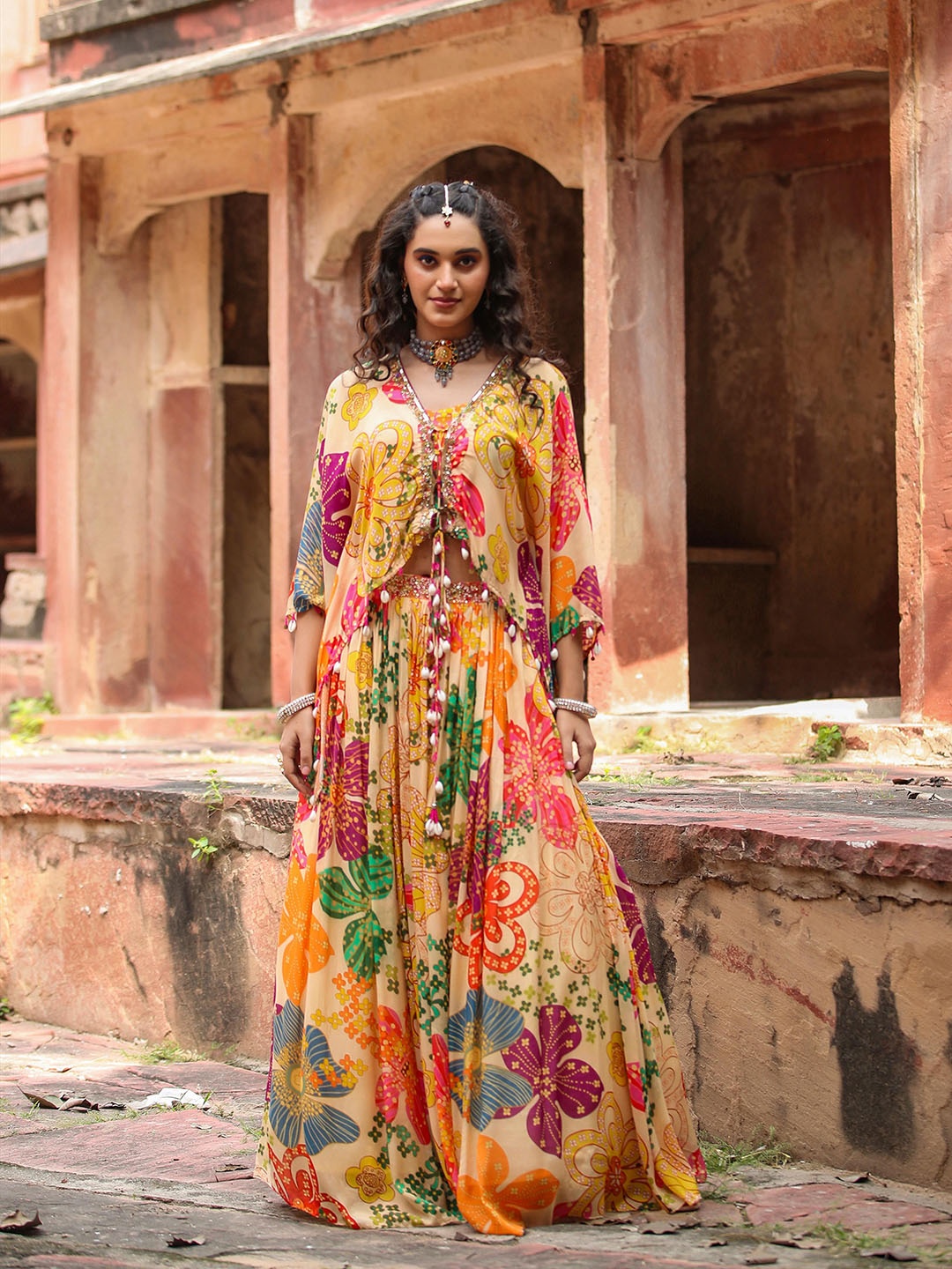 

SCAKHI Floral Printed Beads & Stones Ready to Wear Lehenga & Choli, Cream