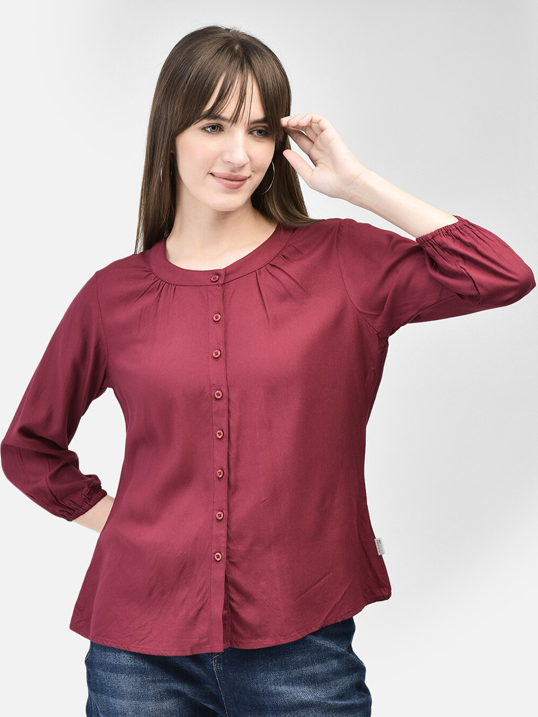 

Crimsoune Club Band Collar Puff Sleeves Casual Shirt, Maroon