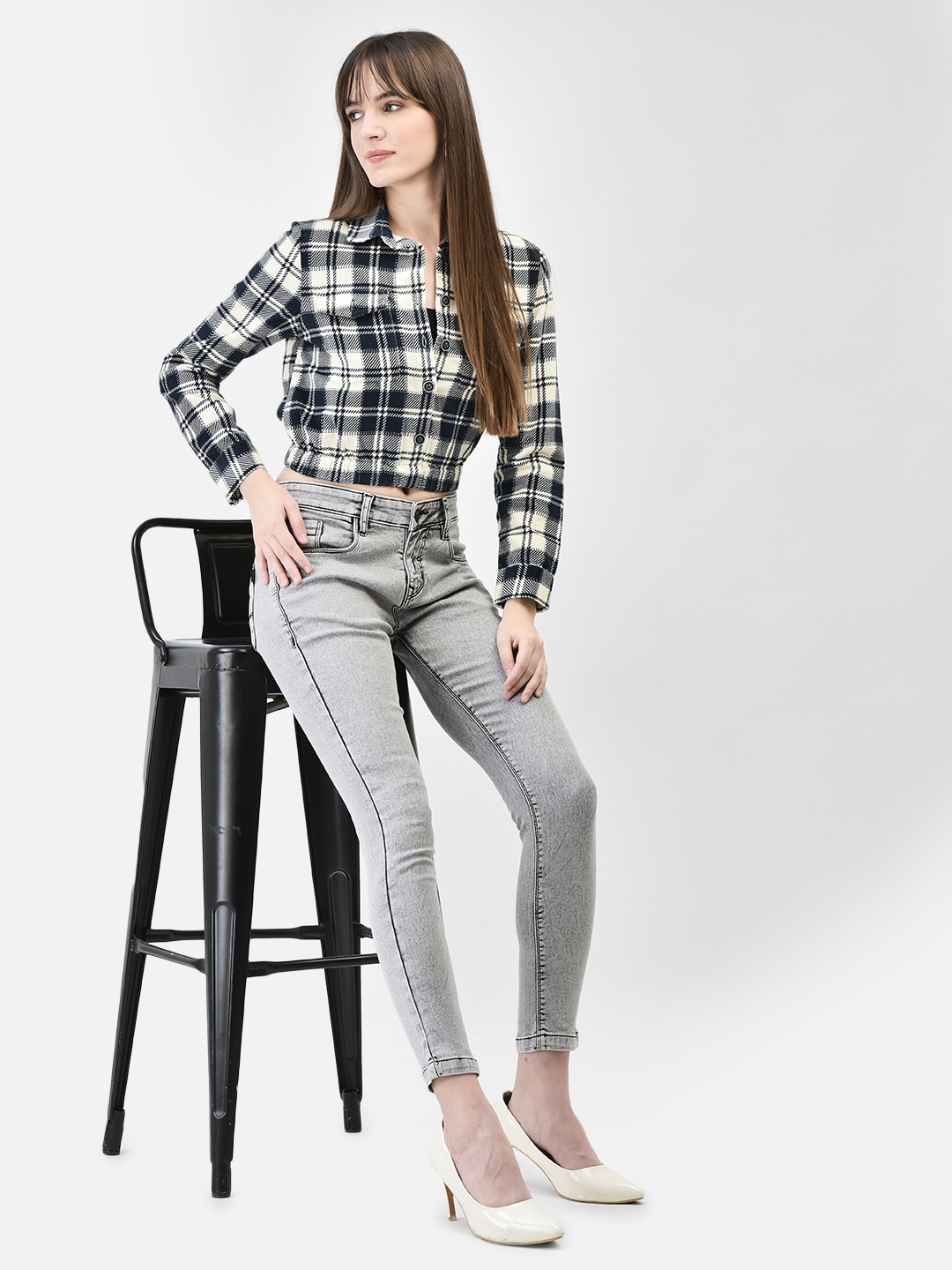 

Crimsoune Club Slim Fit Tartan Checks Pure Cotton Casual Crop Shirt, Navy blue