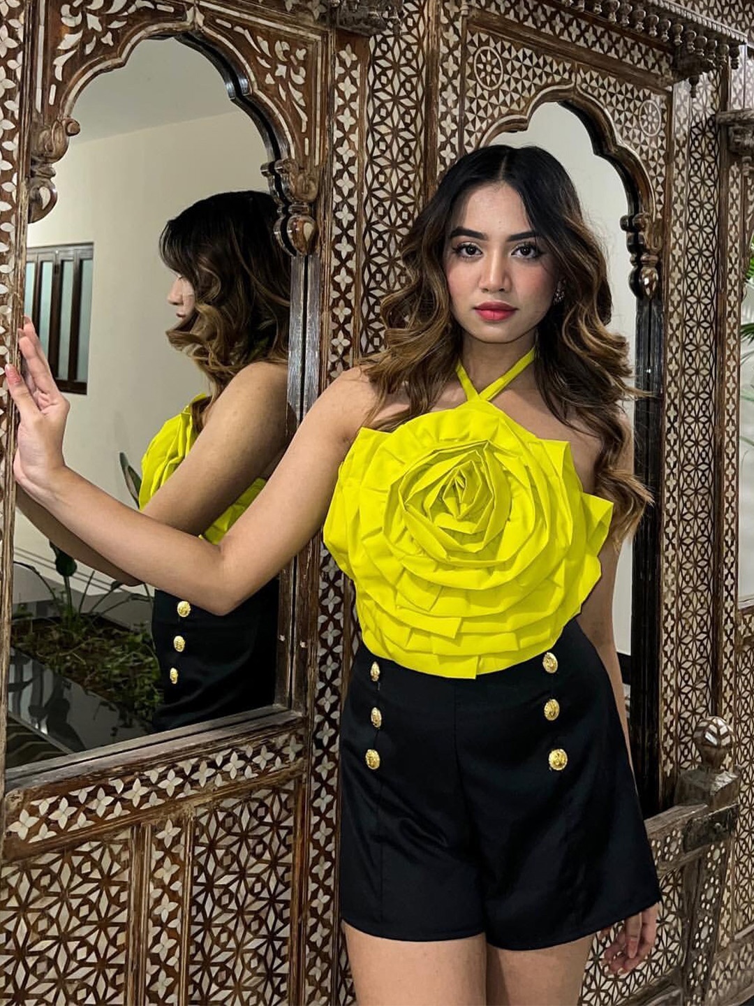 

StyleAsh Halter Neck Sleeveless Smocked Ruffled Rose Patterned Crop Top, Yellow