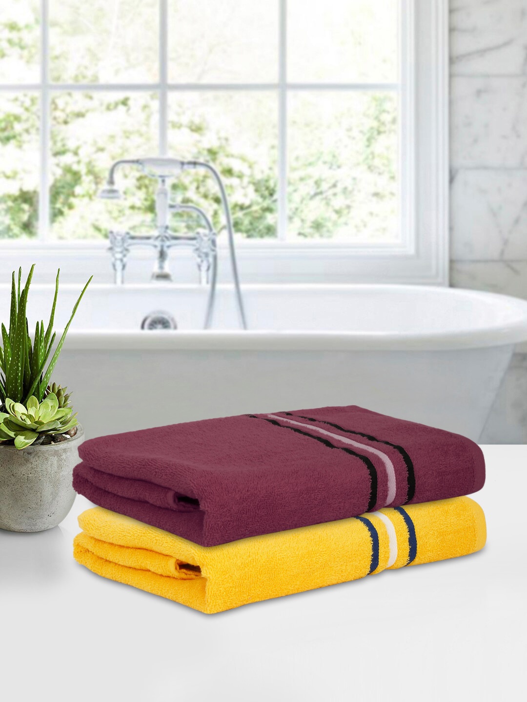 

Cortina 2 Pcs Maroon & Yellow 380 GSM Pure Cotton Bath Towels