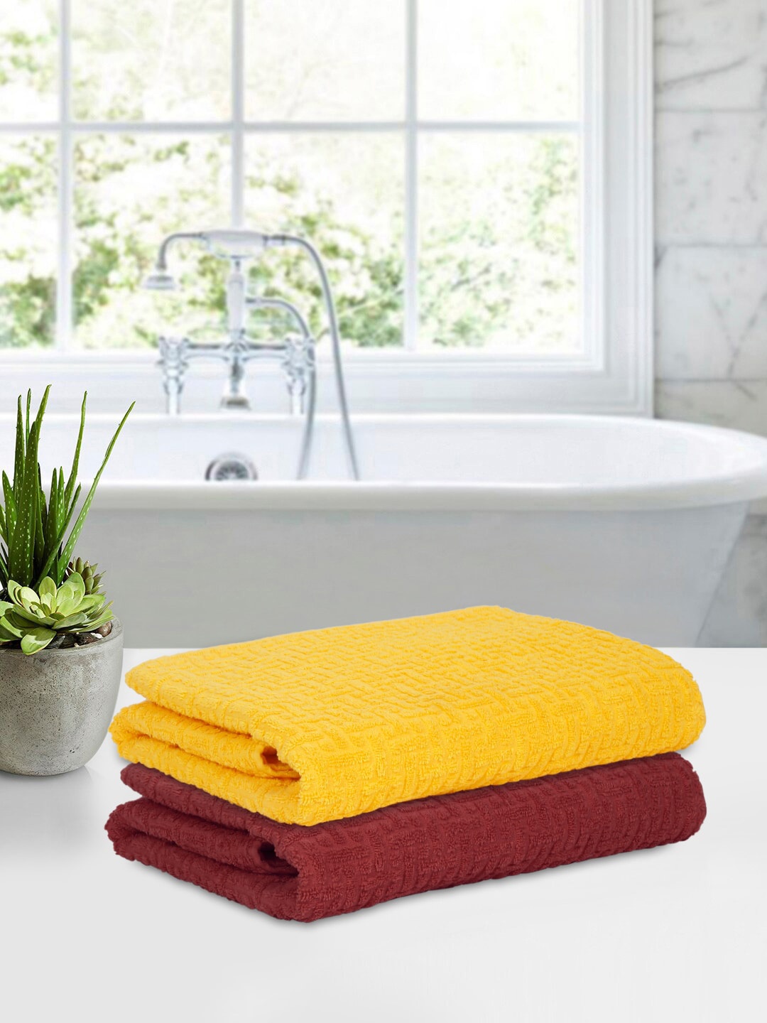 

Cortina Yellow & Maroon 2 Pieces Cotton Anti-Bacterial 480 GSM Reversible Bath Towels