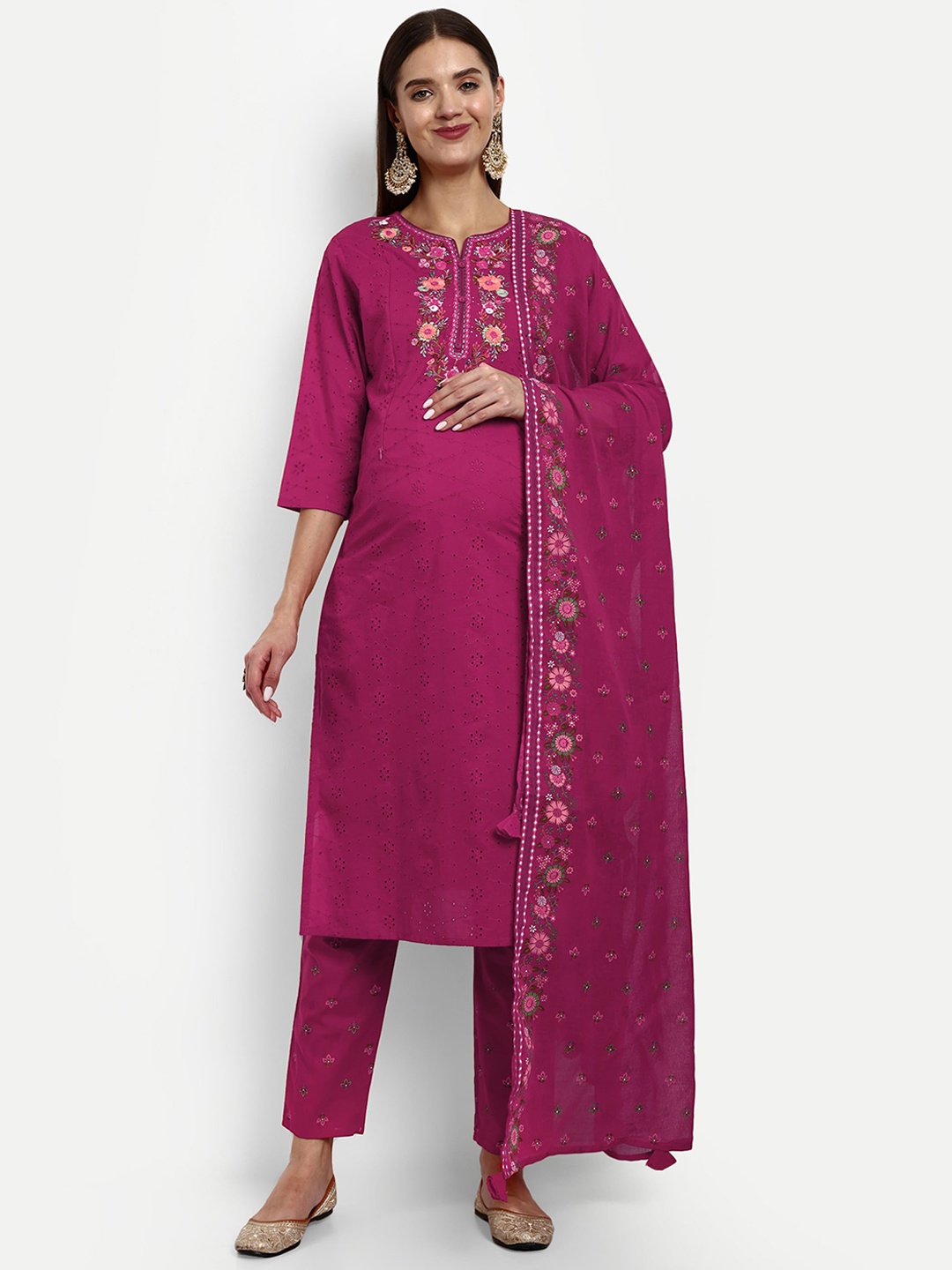 

mumzhug Floral Yoke Design Thread Work Pure Cotton Schiffli Kurta With Trousers & Dupatta, Fuchsia