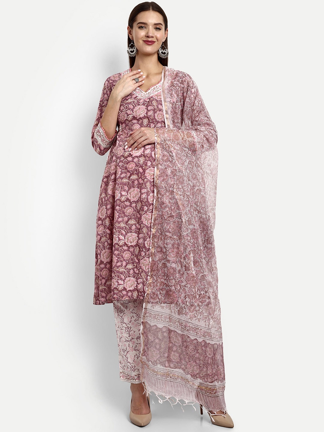 

mumzhug Floral Printed Thread Work Pure Cotton A-Line Kurta With Trousers & Dupatta, Pink