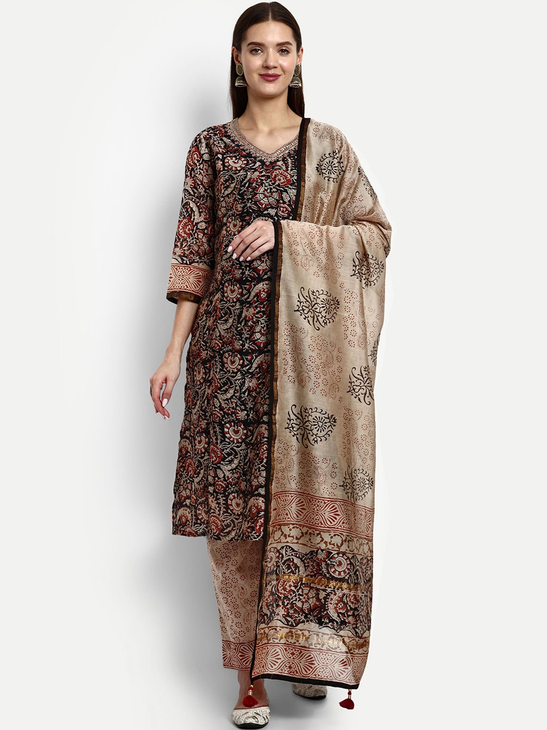 

mumzhug Women Black Ethnic Motifs Printed Regular Thread Work Chanderi Cotton Kurta with Palazzos & With