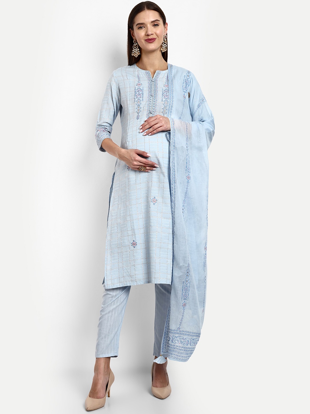 

mumzhug Ethnic Motifs Embroidered Thread Work Pure Cotton Kurta With Trousers & Dupatta, Blue