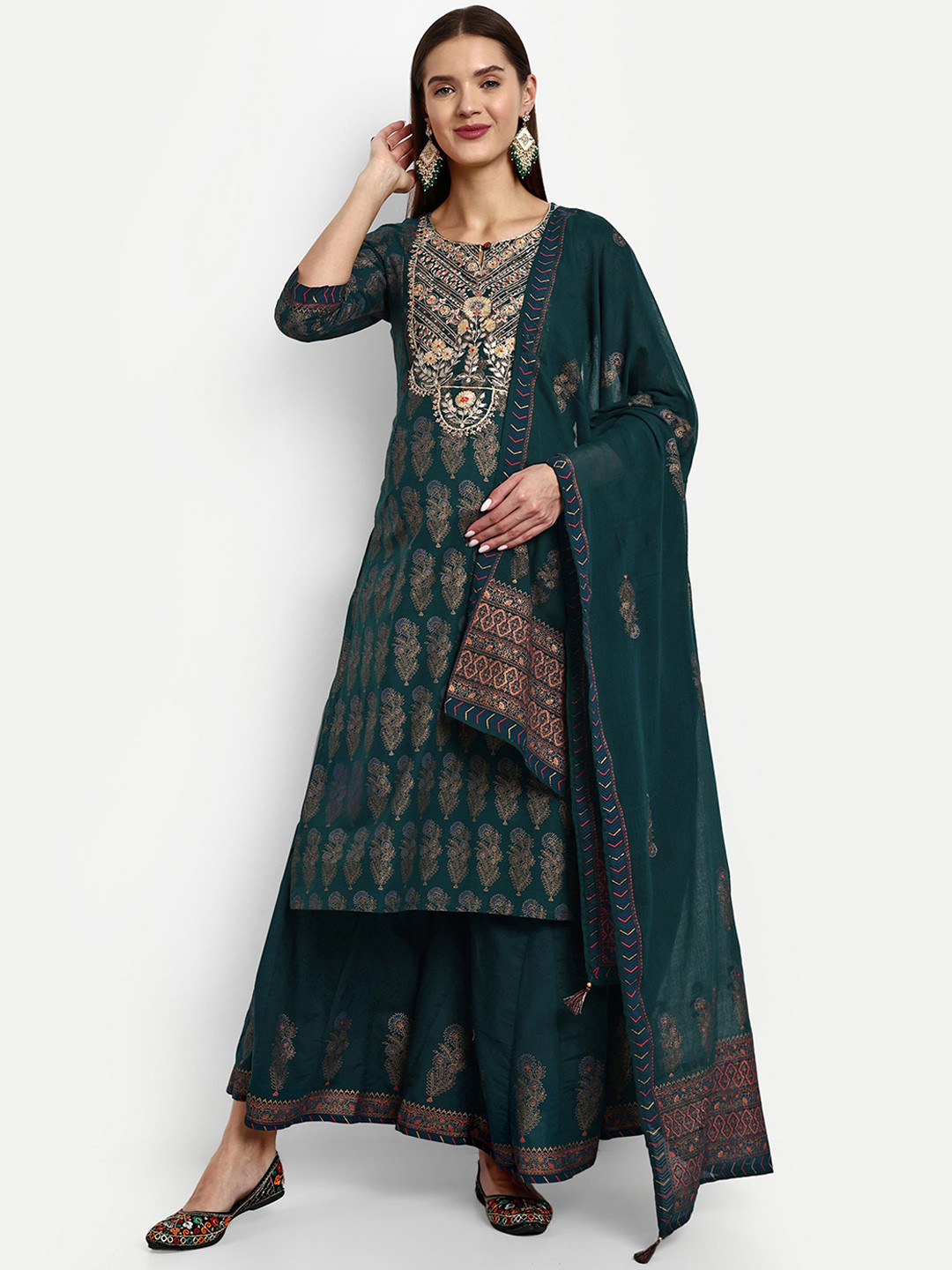 

mumzhug Ethnic Motifs Printed Thread Work Pure Cotton Kurta With Sharara & With Dupatta, Green