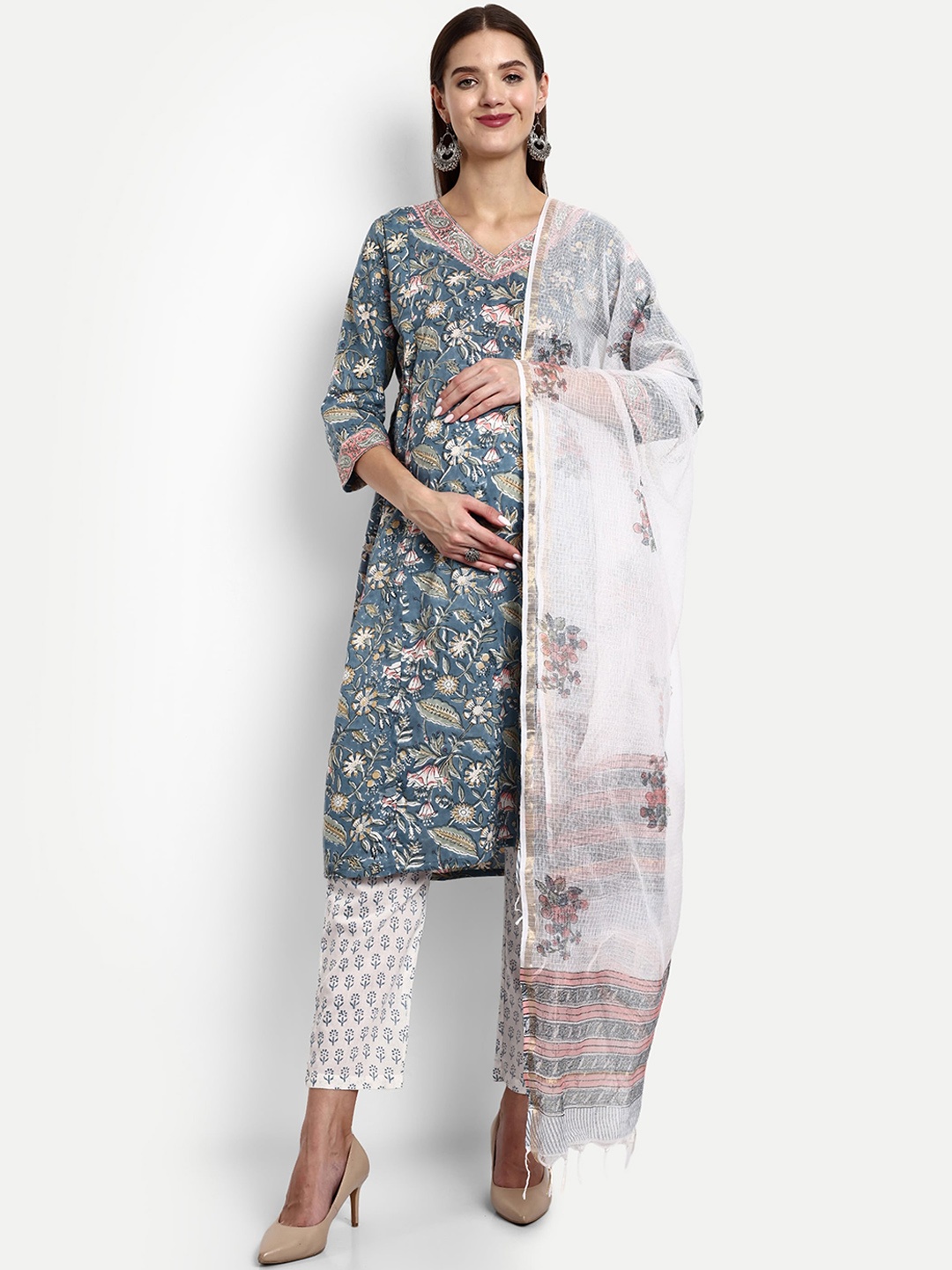 

mumzhug Floral Printed Thread Work Pure Cotton A-Line Kurta With Trousers & Dupatta, Grey melange