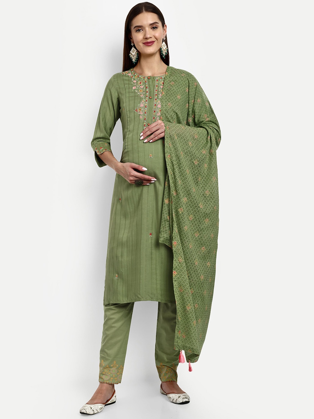 

mumzhug Floral Embroidered Feeding & Maternity Kurta With Trousers & Dupatta, Olive