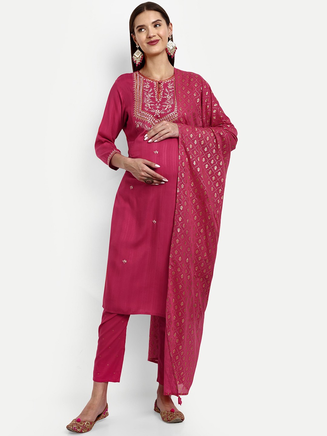 

mumzhug Ethnic Motifs Embroidered Sequinned Kurta With Palazzos & Dupatta, Rose