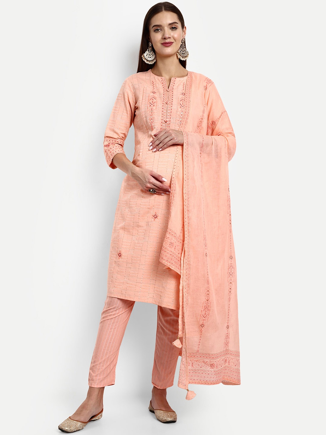 

mumzhug Ethnic Motifs Embroidered Pure Cotton Kurta With Trousers & Dupatta, Pink