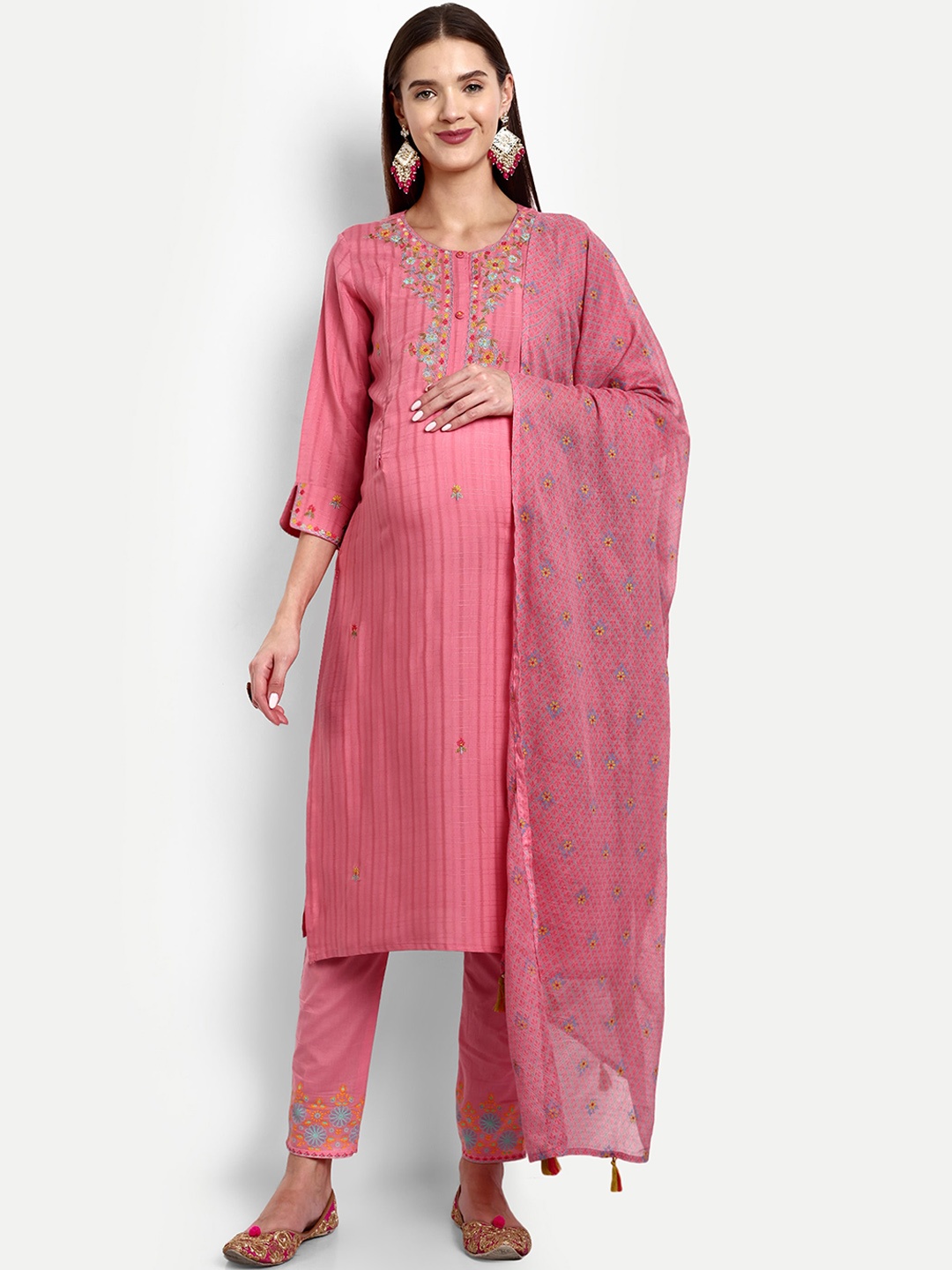 

mumzhug Floral Embroidered Maternity & Feeding Kurta With Trousers & Dupatta, Pink