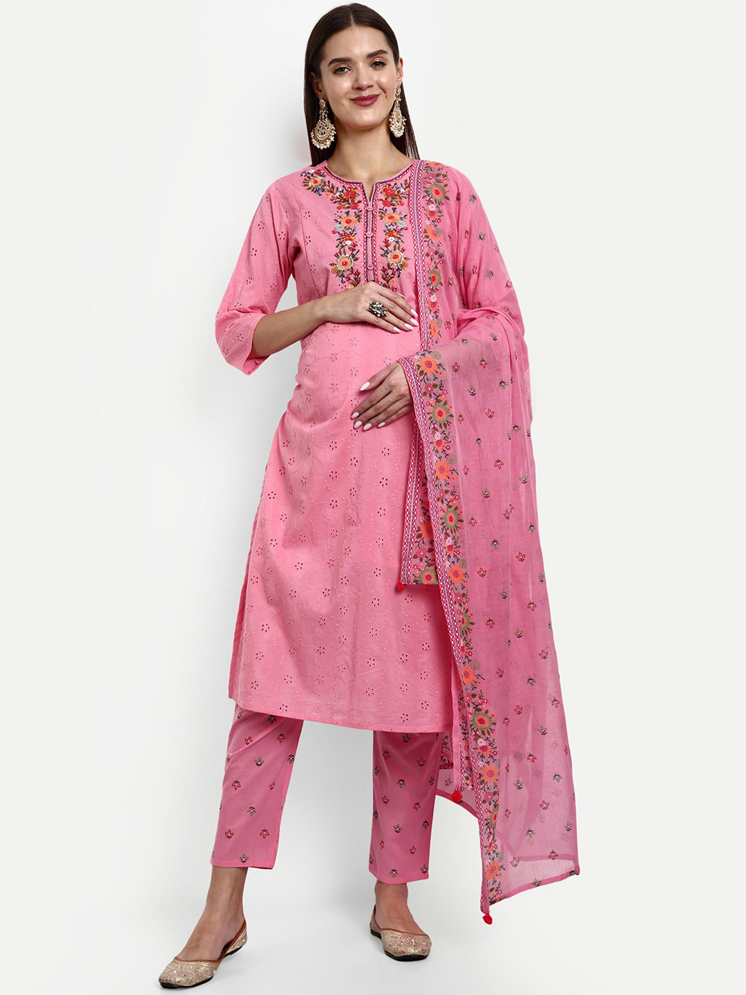

mumzhug Floral Embroidered Thread Work Pure Cotton Maternity Kurta with Trousers & Dupatta, Pink