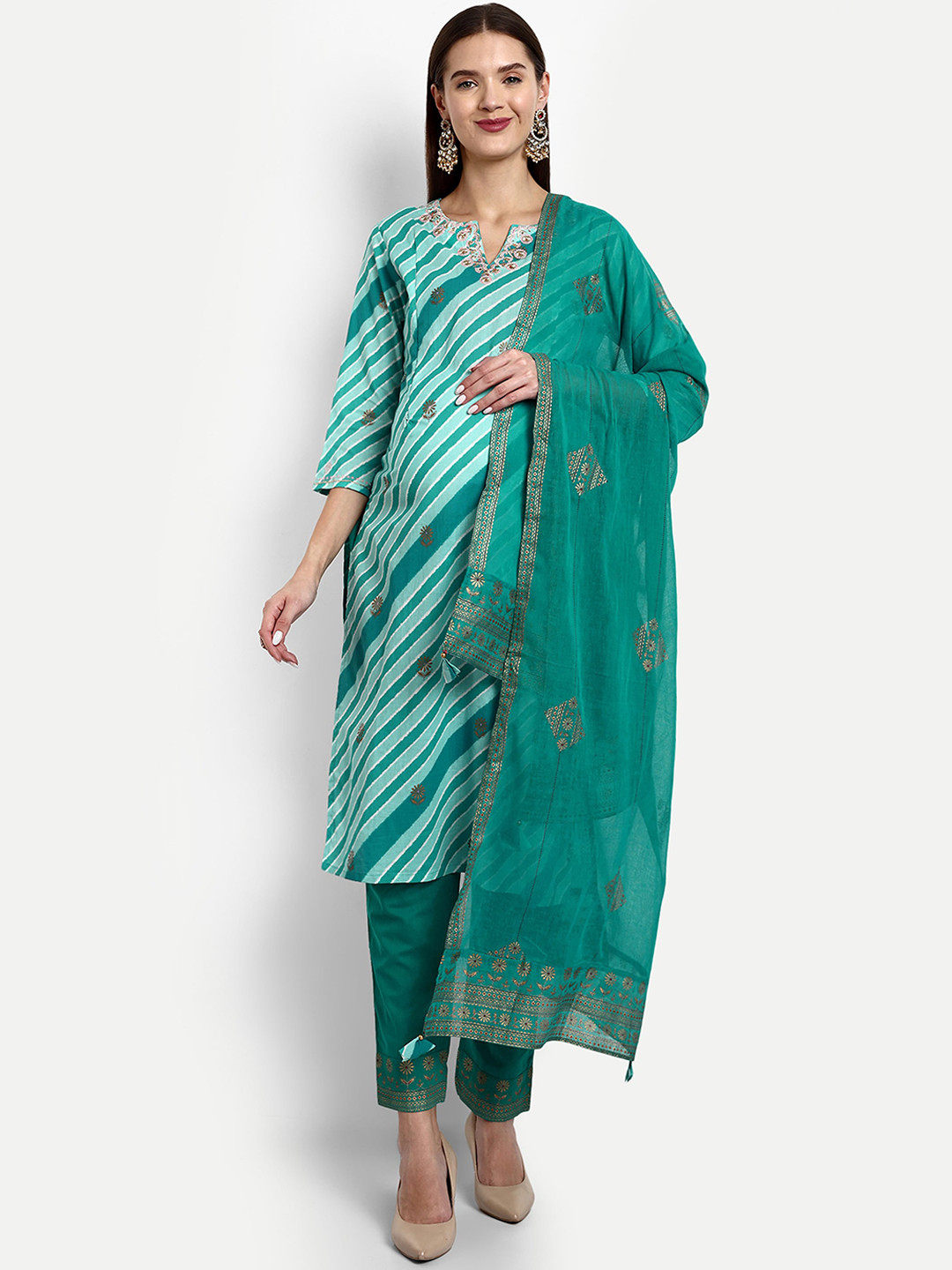 

mumzhug Leheriya Printed Pure Cotton Maternity Kurta With Trousers & Dupatta, Turquoise blue