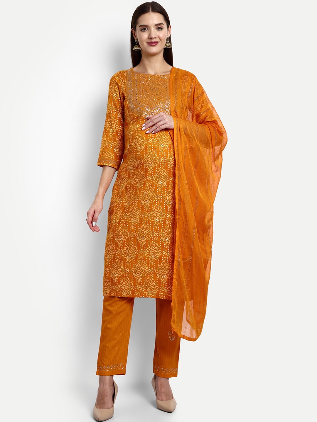 

mumzhug Bandhani Printed Sequinned Maternity Kurta with Trousers & Dupatta, Yellow