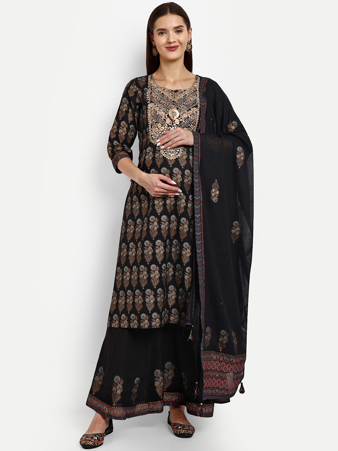

mumzhug Ethnic Motifs Printed Gotta Patti Pure Cotton Kurta With Palazzos & Dupatta, Black