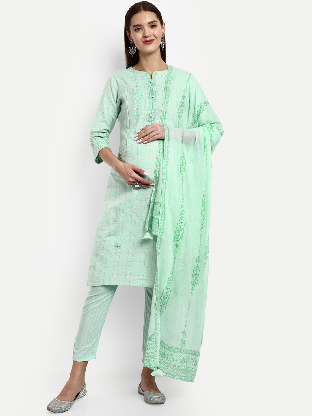 

mumzhug Ethnic Motifs Embroidered Thread Work Pure Cotton Kurta With Trousers & Dupatta, Green