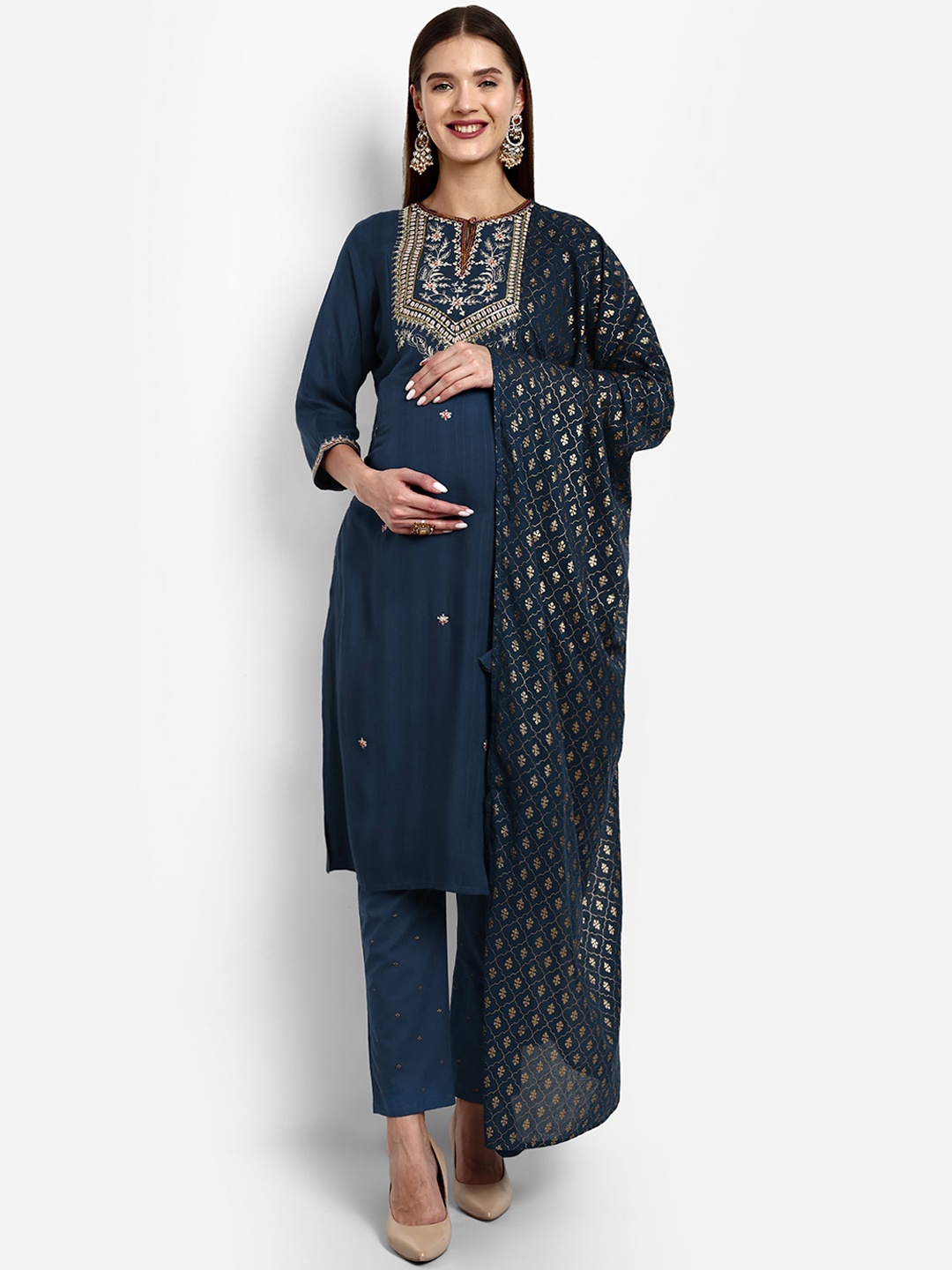 

mumzhug Ethnic Motifs Yoke Design Sequinned Straight Kurta With Trousers & Dupatta, Blue