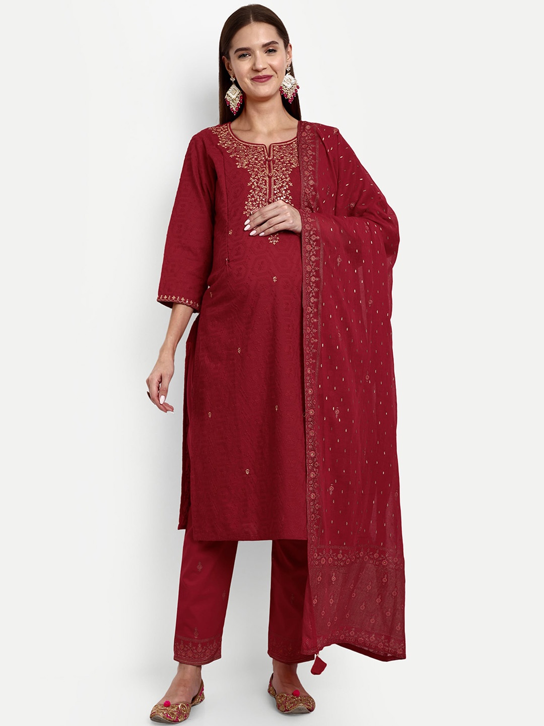 

mumzhug Floral Embroidered Pure Cotton Kurta With Trousers & Dupatta, Red