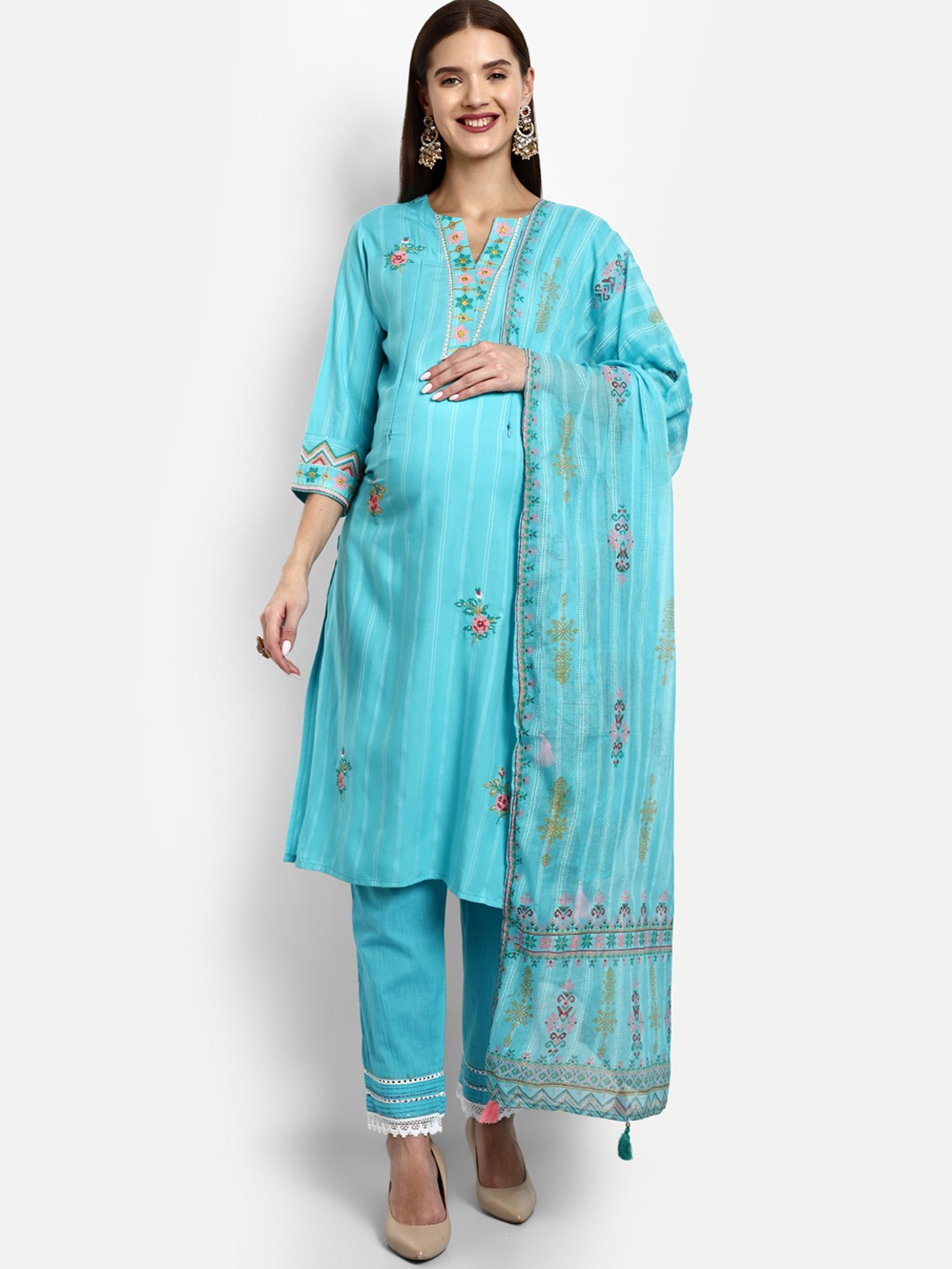 

mumzhug Floral Embroidered Straight Kurta With Trousers & Dupatta, Turquoise blue