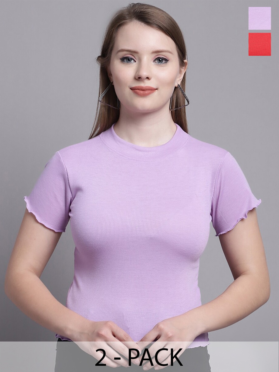 

GRACIT Pack Of 2 Ribbed Fitted Top, Purple