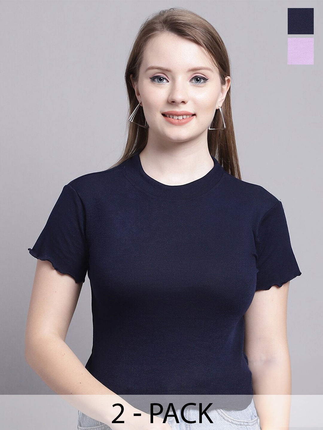 

GRACIT Pack Of 2 Round Neck Short Sleeves Knitted Tops, Violet