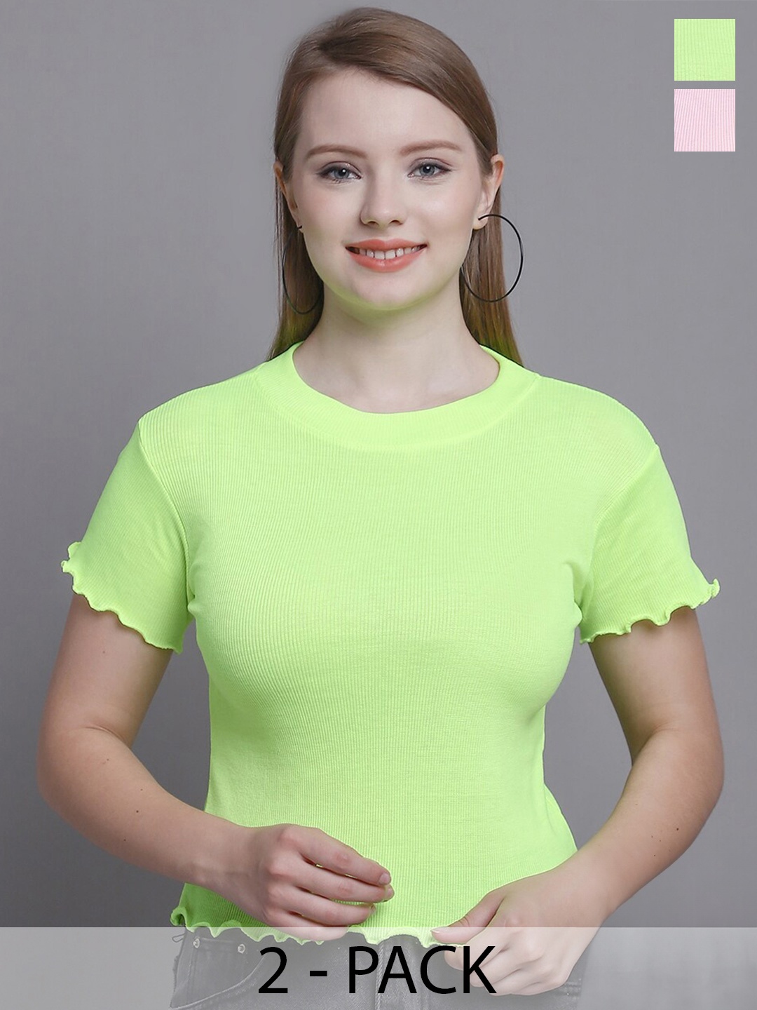 

GRACIT Pack Of 2 Ribbed Fitted Top, Lime green