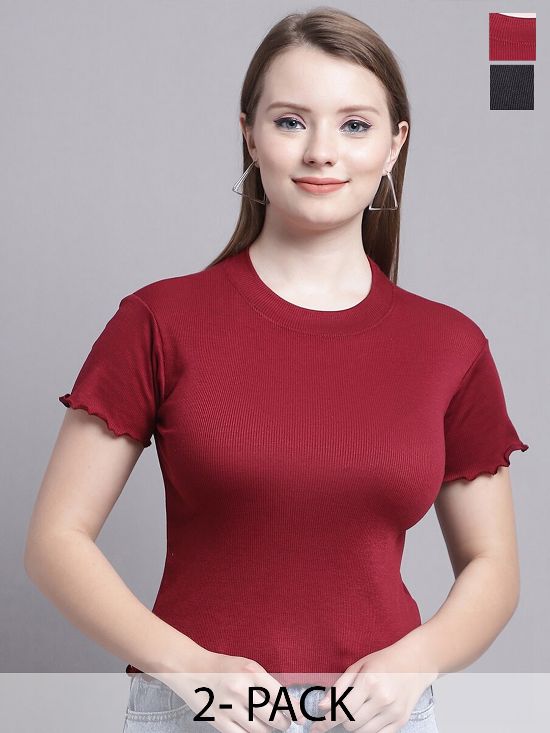 

GRACIT Pack Of 2 Ribbed Fitted Top, Maroon
