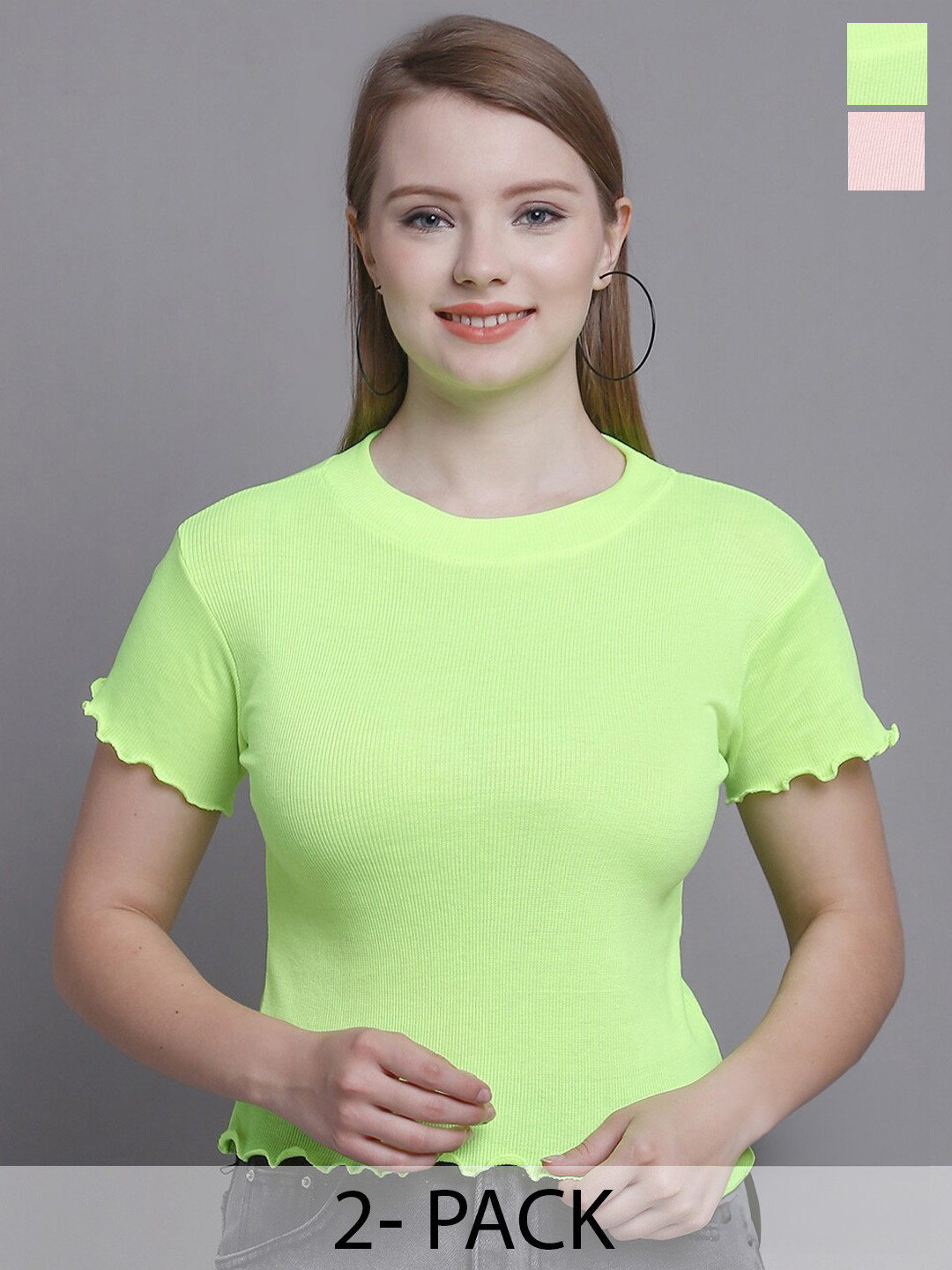 

GRACIT Pack Of 2 Round Neck Short Sleeves Top, Peach