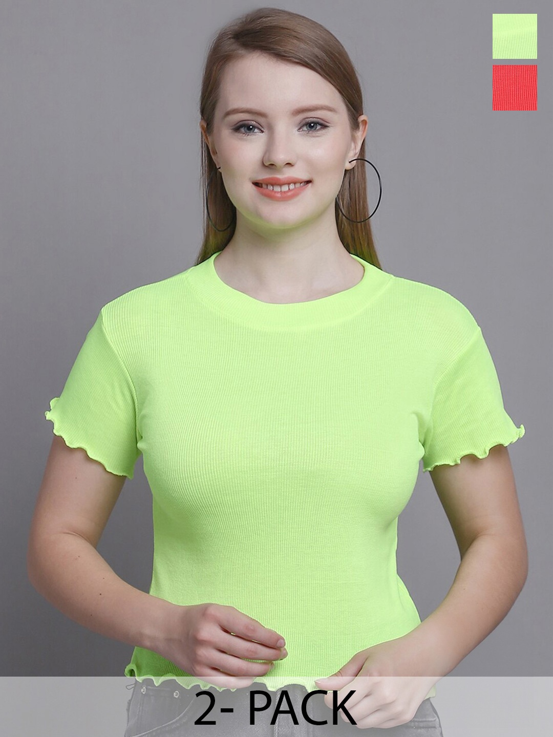 

GRACIT Pack Of 2 Organic Cotton Fitted Top, Lime green