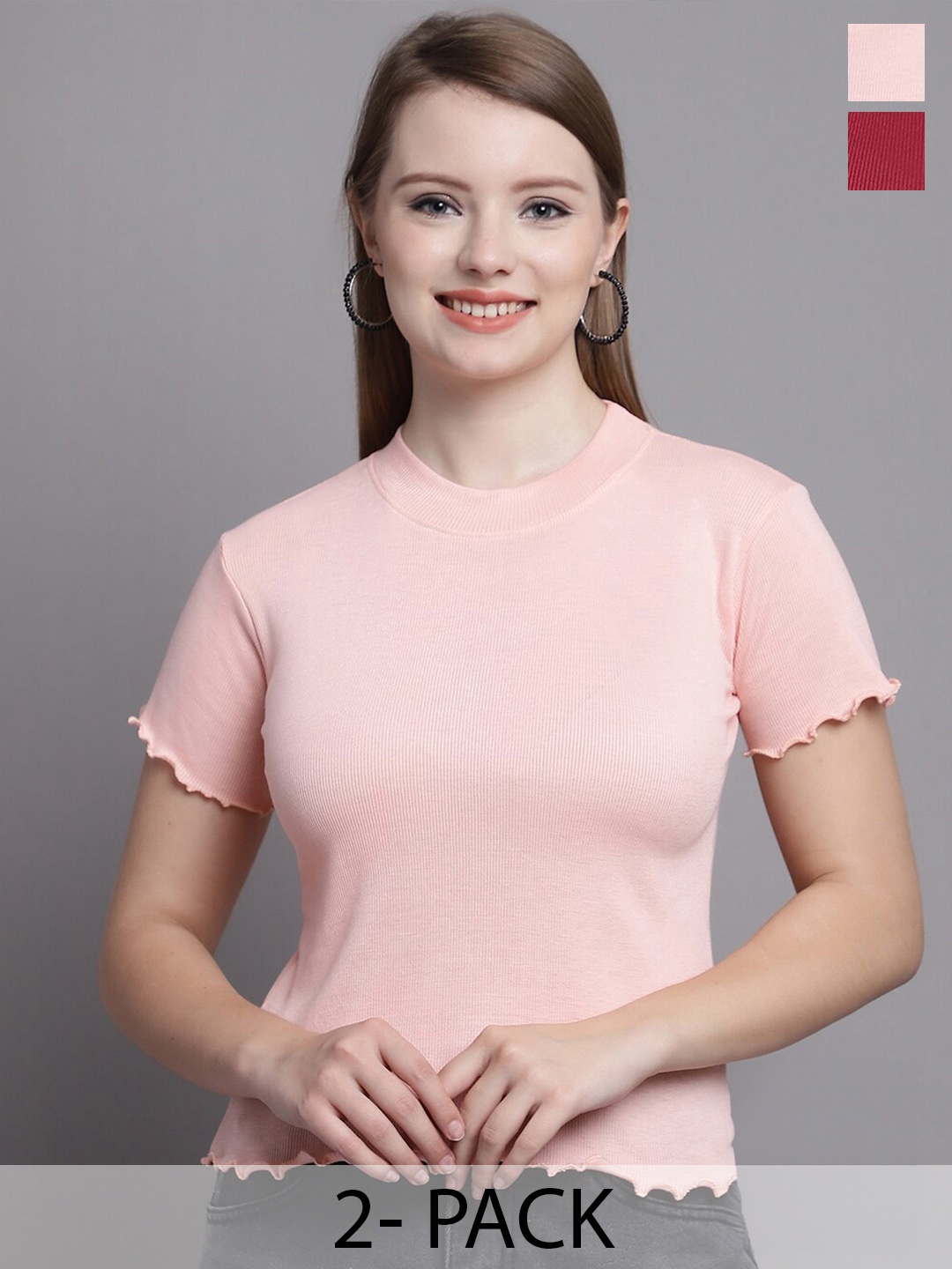 

GRACIT Pack Of 2 Ribbed Fitted Top, Peach
