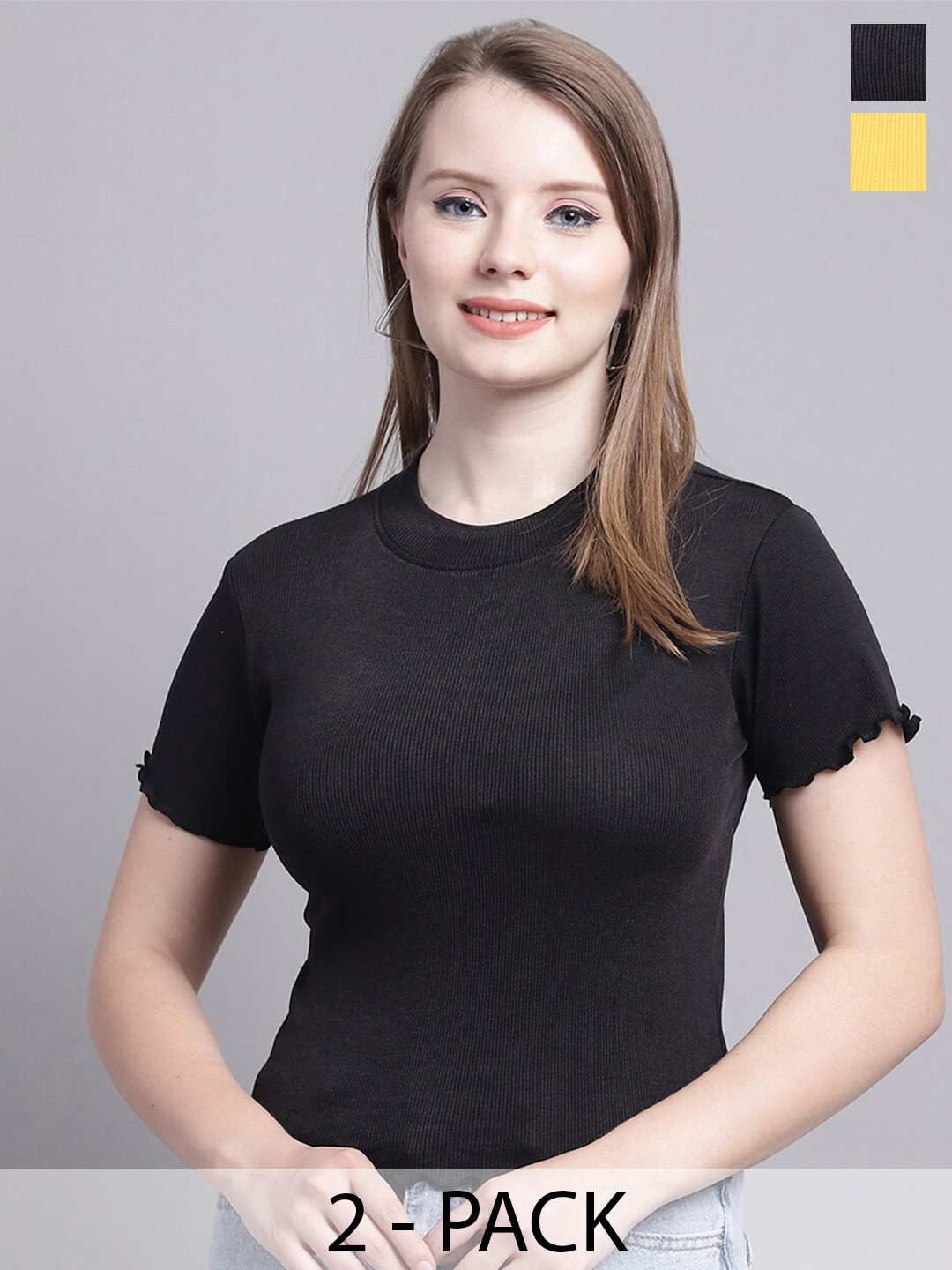 

GRACIT Pack Of 2 Round Neck Short Sleeves Top, Black