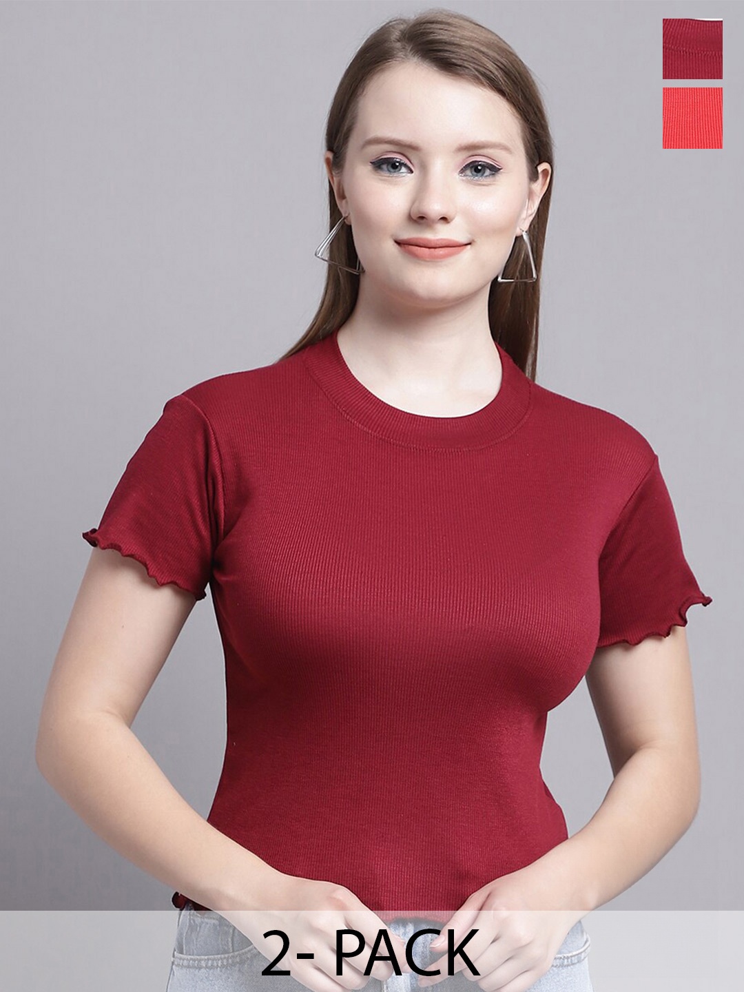 

GRACIT Pack Of 2 Ribbed Fitted Top, Maroon