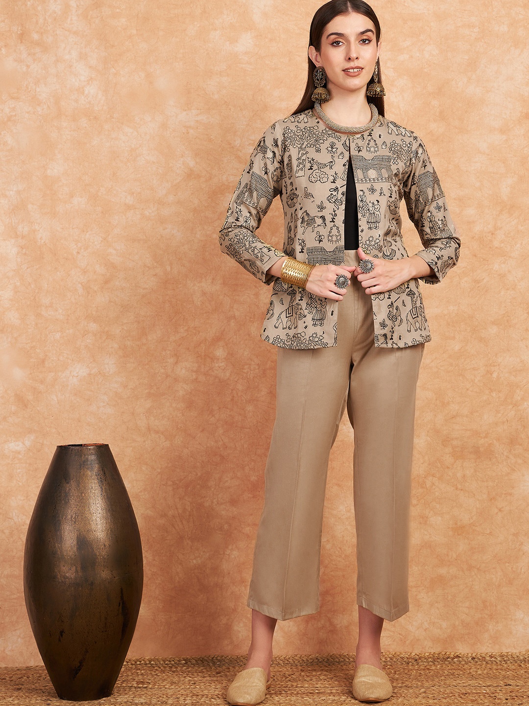 

HK colours of fashion Woven Design Woolen Co-ord Set, Beige