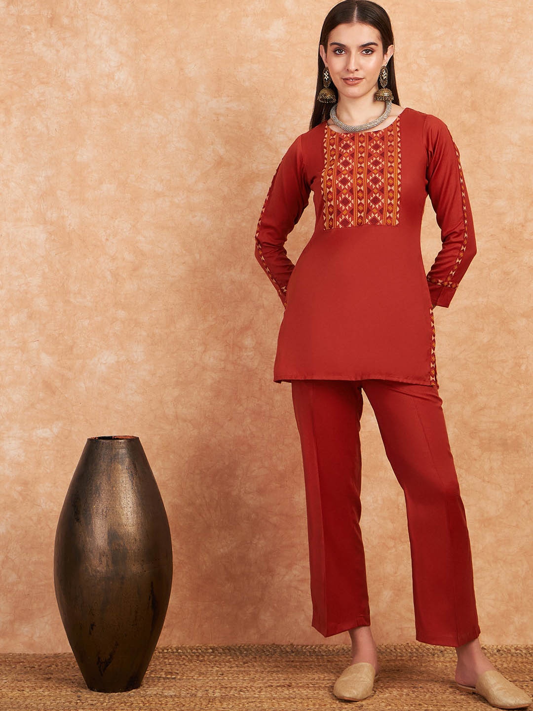 

HK colours of fashion Geometric Yoke Design Straight Woolen Kurti with Trouser, Rust