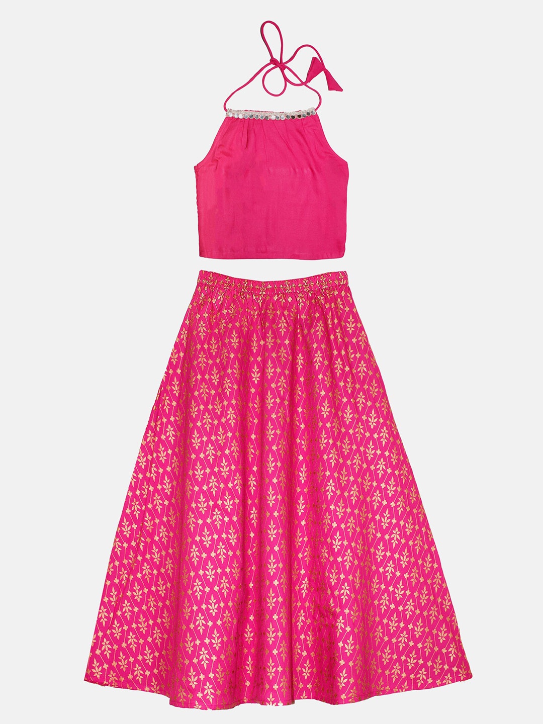 

KiddoPanti Girls Embellished Sleeveless Mirror Work Ready to Wear Lehenga, Fuchsia