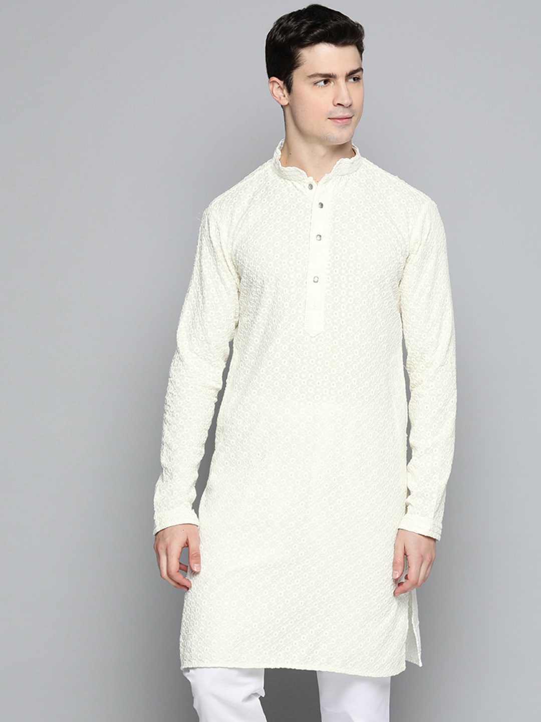 Jompers Floral Embroidered Sequinned Chikankari Cotton Kurta, Cream