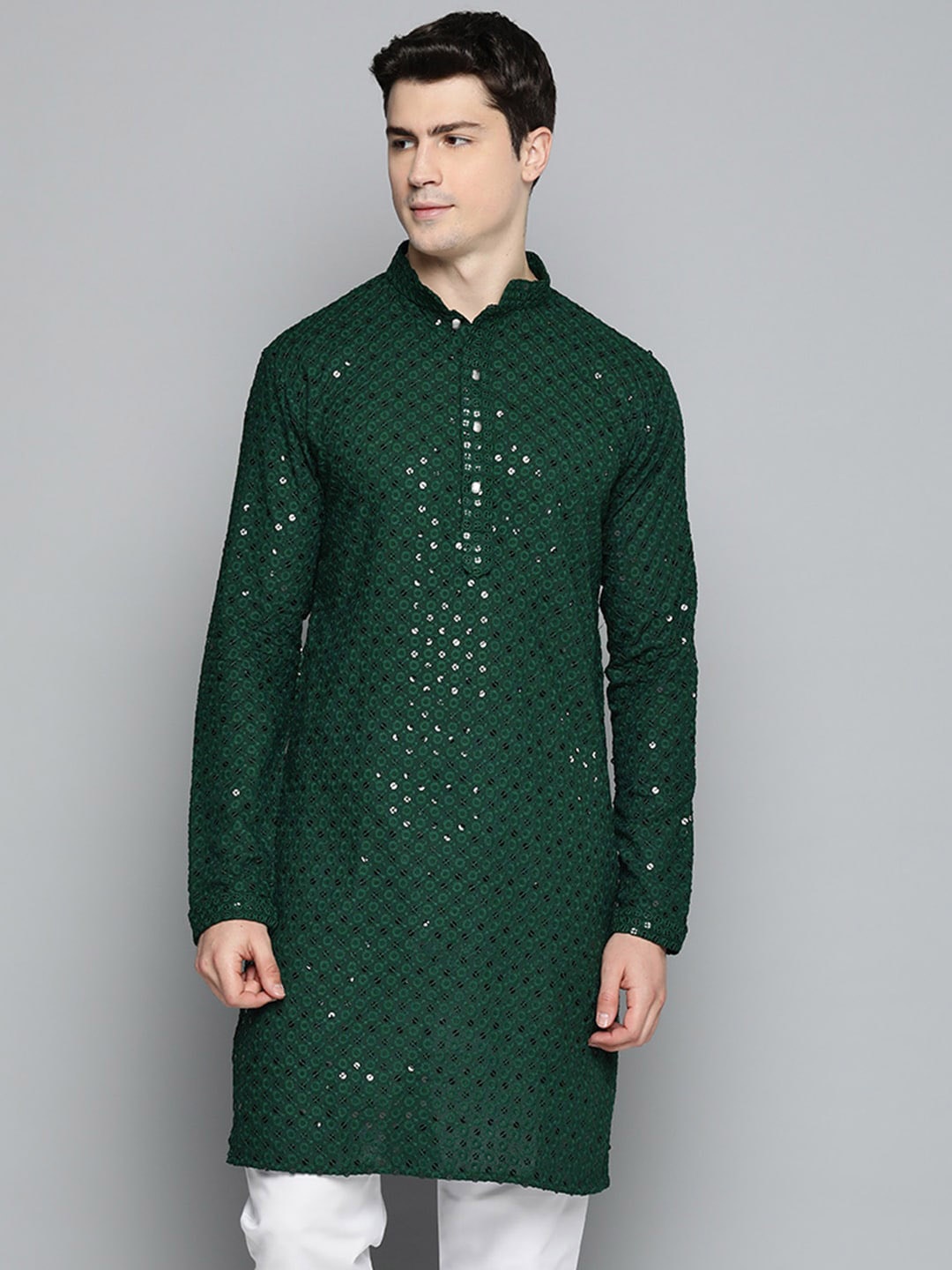 

Jompers Floral Embroidered Sequinned Chikankari Cotton Kurta, Olive